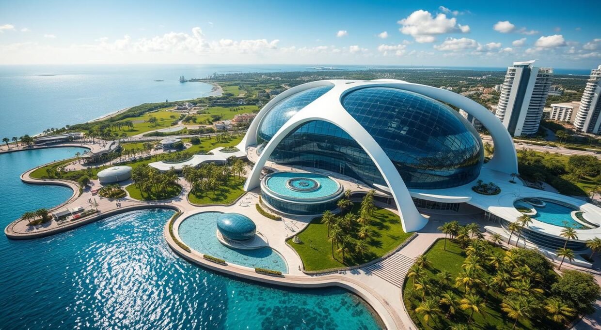 Aerial view of an innovative architectural marvel, Aqua Arc